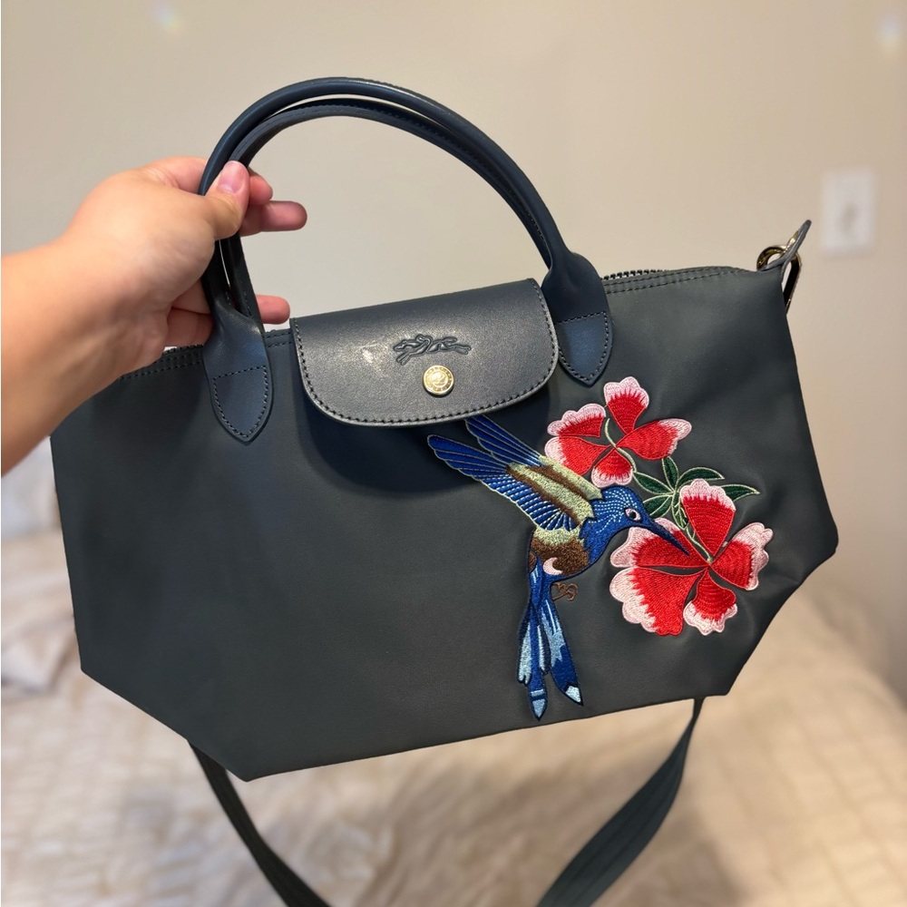 LONGCHAMP Embroidered Floral Green Handbag with Hummingbird Engraving